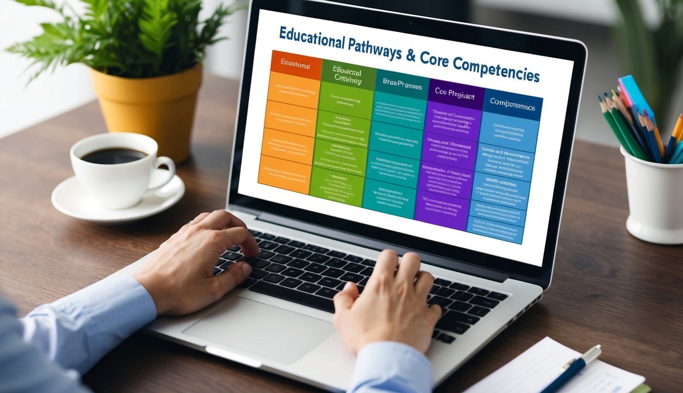A laptop displaying a colorful chart of educational pathways and core competencies for an online DNP program