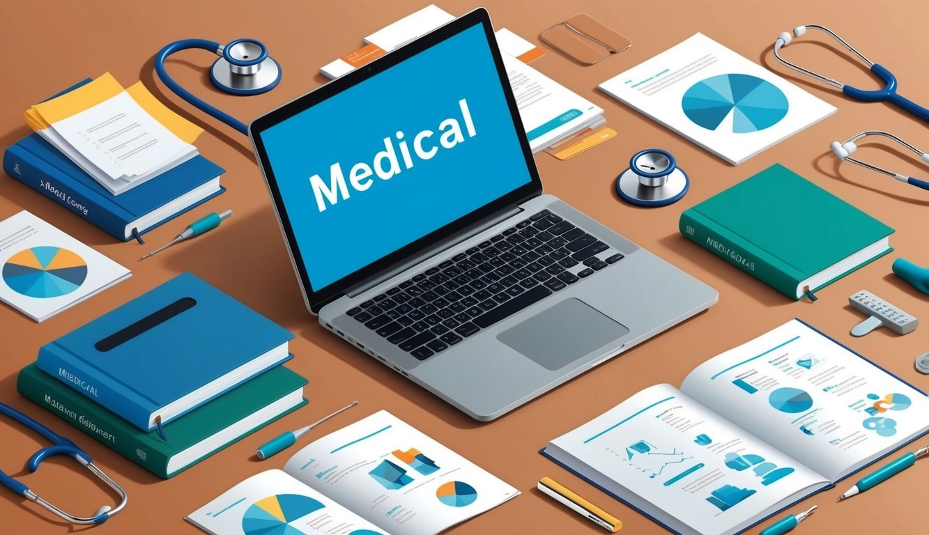 A laptop surrounded by medical textbooks and research papers, with a stethoscope and medical equipment nearby