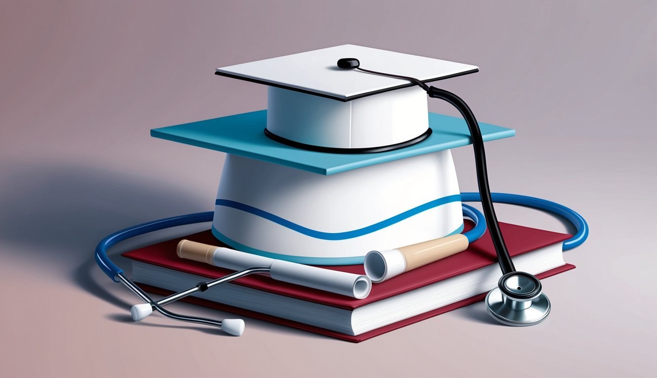 A nurse's cap with a graduation cap resting on top, surrounded by a stethoscope and a diploma