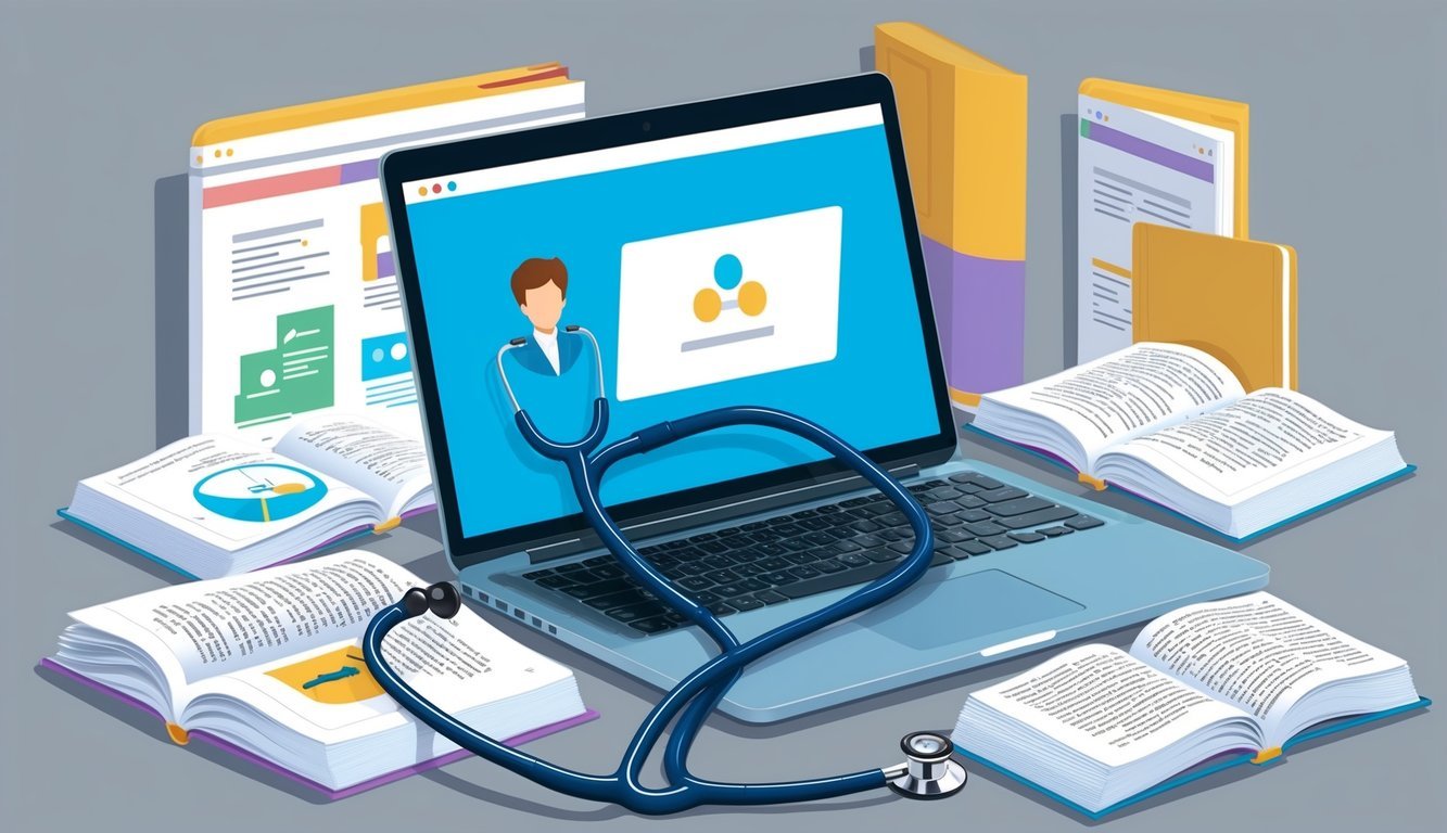A laptop with a stethoscope draped over it, surrounded by open textbooks and research articles.</p><p>A virtual meeting screen in the background