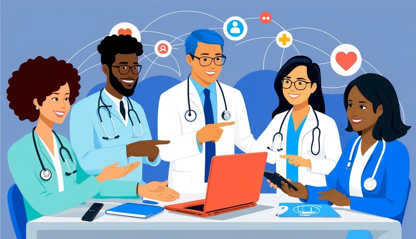 A group of diverse healthcare professionals collaborating on a virtual platform, sharing ideas and strategies to improve patient care and outcomes