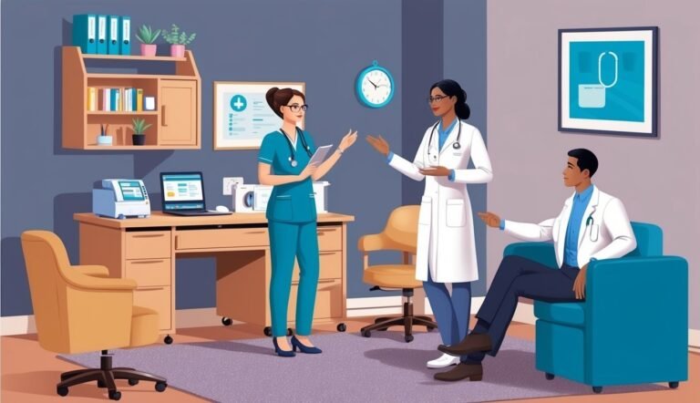 Three doctors in a medical office discussing a patient's care