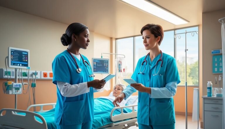 Two nurses with tablets in a hospital room, patient in bed