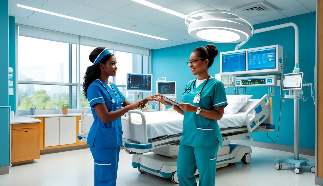 A modern hospital setting with a registered nurse and a licensed practical nurse working collaboratively in a high-tech, efficient environment