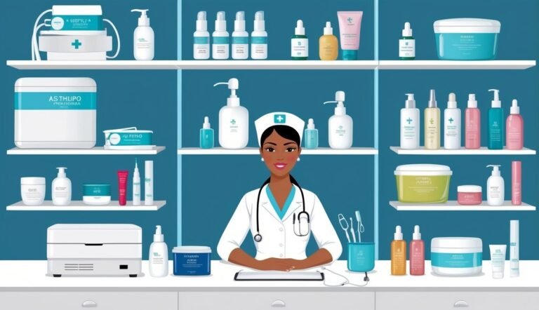 Nurse surrounded by skincare products on shelves, smiling at the viewer