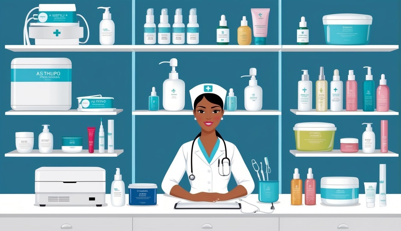 Nurse surrounded by skincare products on shelves, smiling at the viewer
