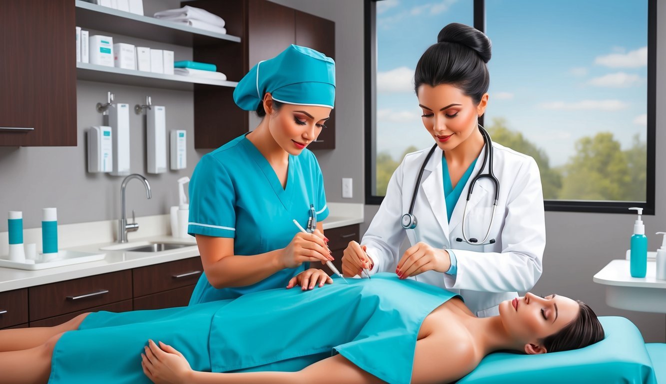 Aesthetic nurse practitioner performing clinical skills and procedures in a modern medical setting