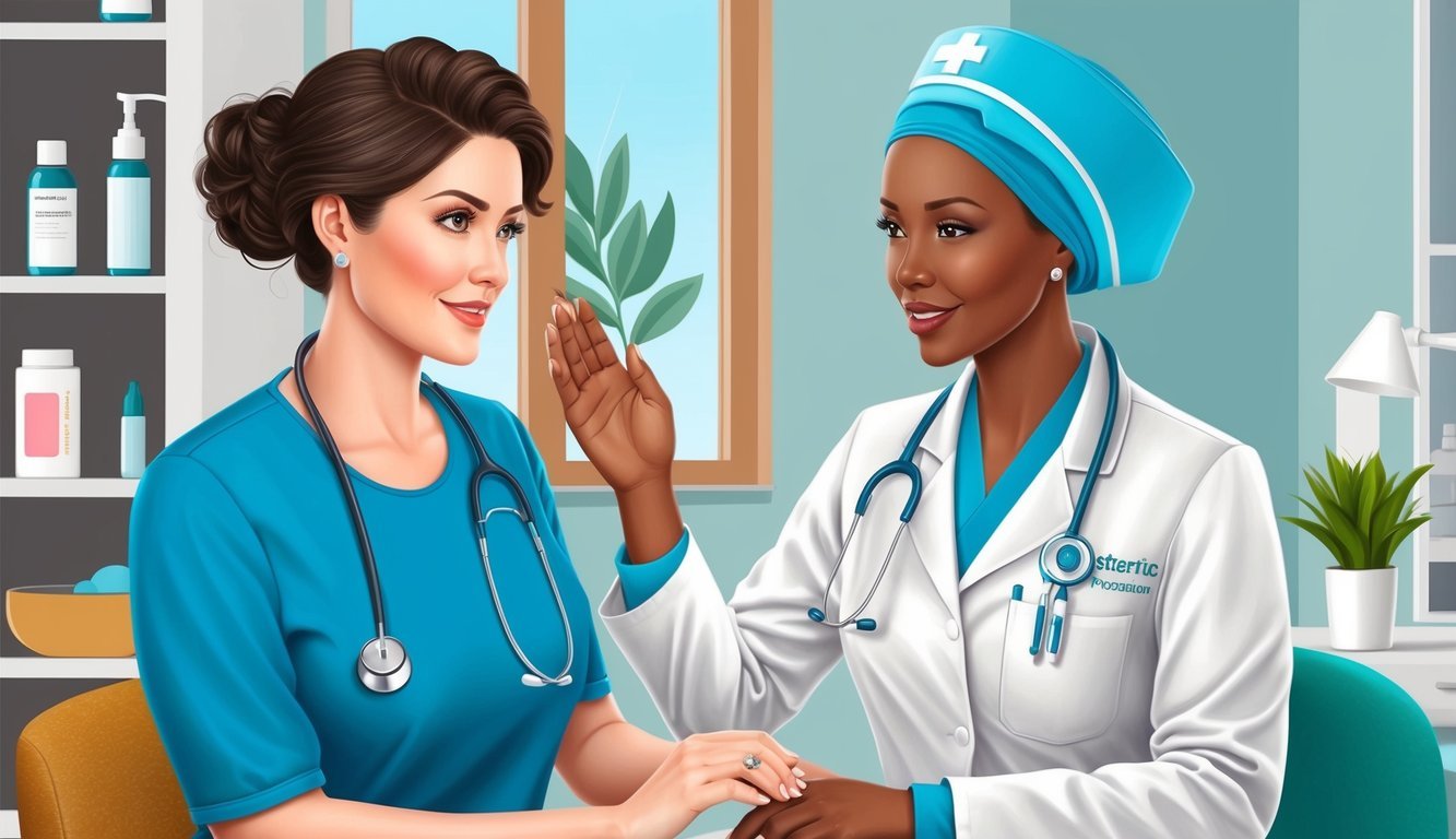 Aesthetic nurse practitioner consults with a patient, discussing treatment options and providing information on aesthetic procedures