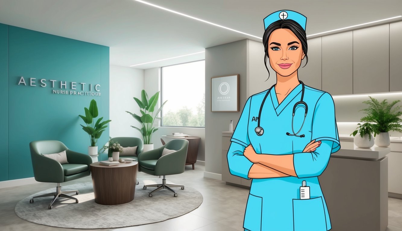 Aesthetic nurse practitioner in a modern clinic, with sleek furniture, calming colors, and natural light
