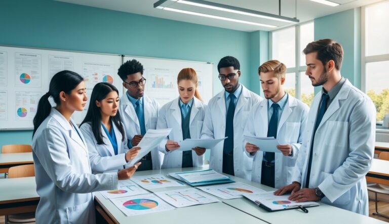 Group of scientists in lab coats reviewing charts and documents together