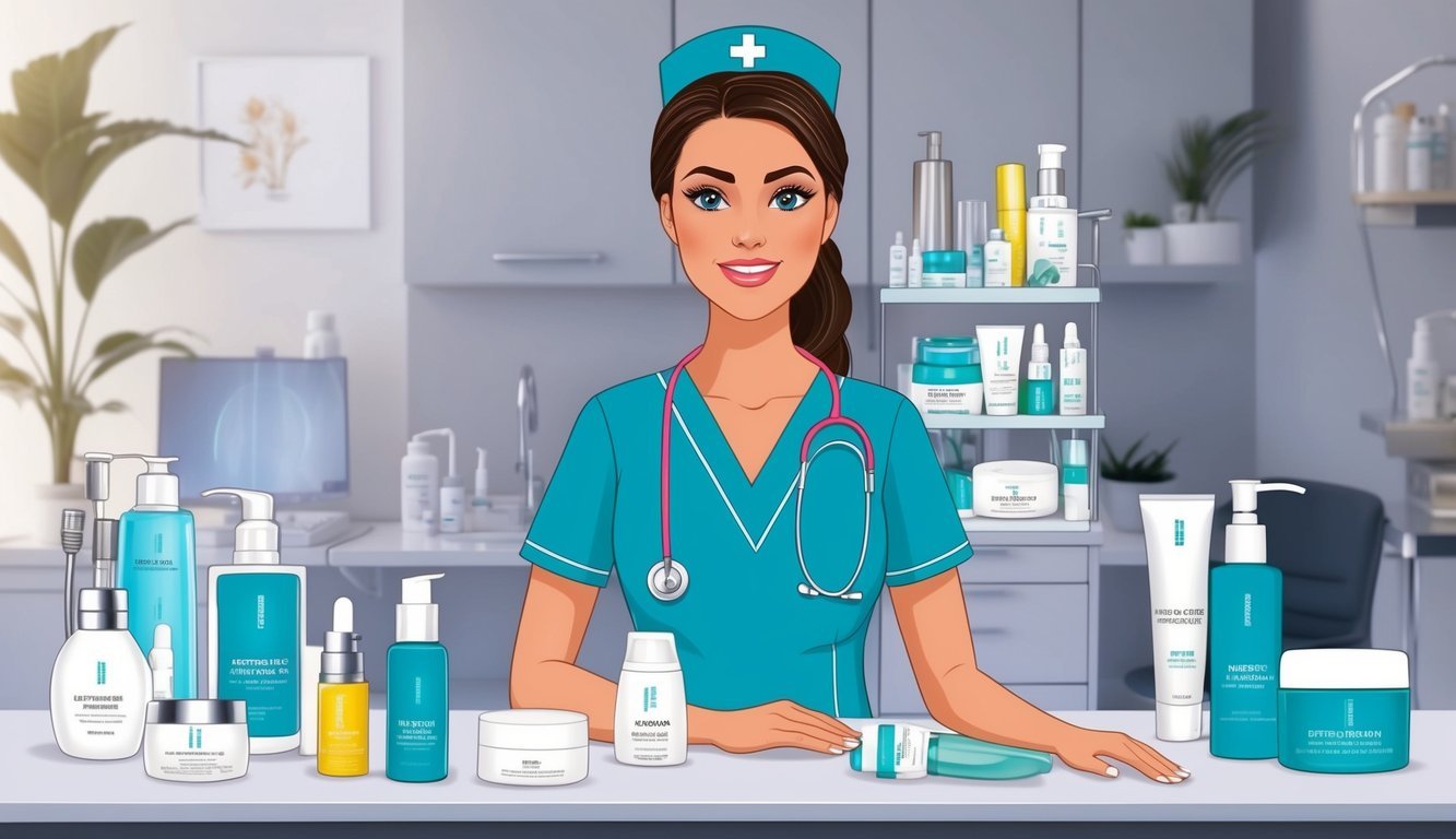Aesthetic nurse practitioner surrounded by medical equipment and skincare products in a modern clinic setting