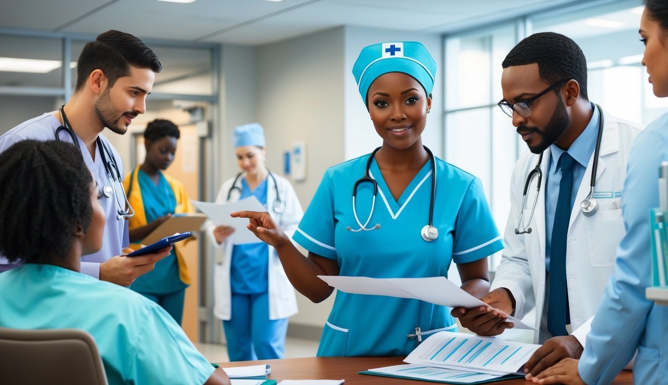 Medical team reviewing documents in a hospital setting, smiling at camera