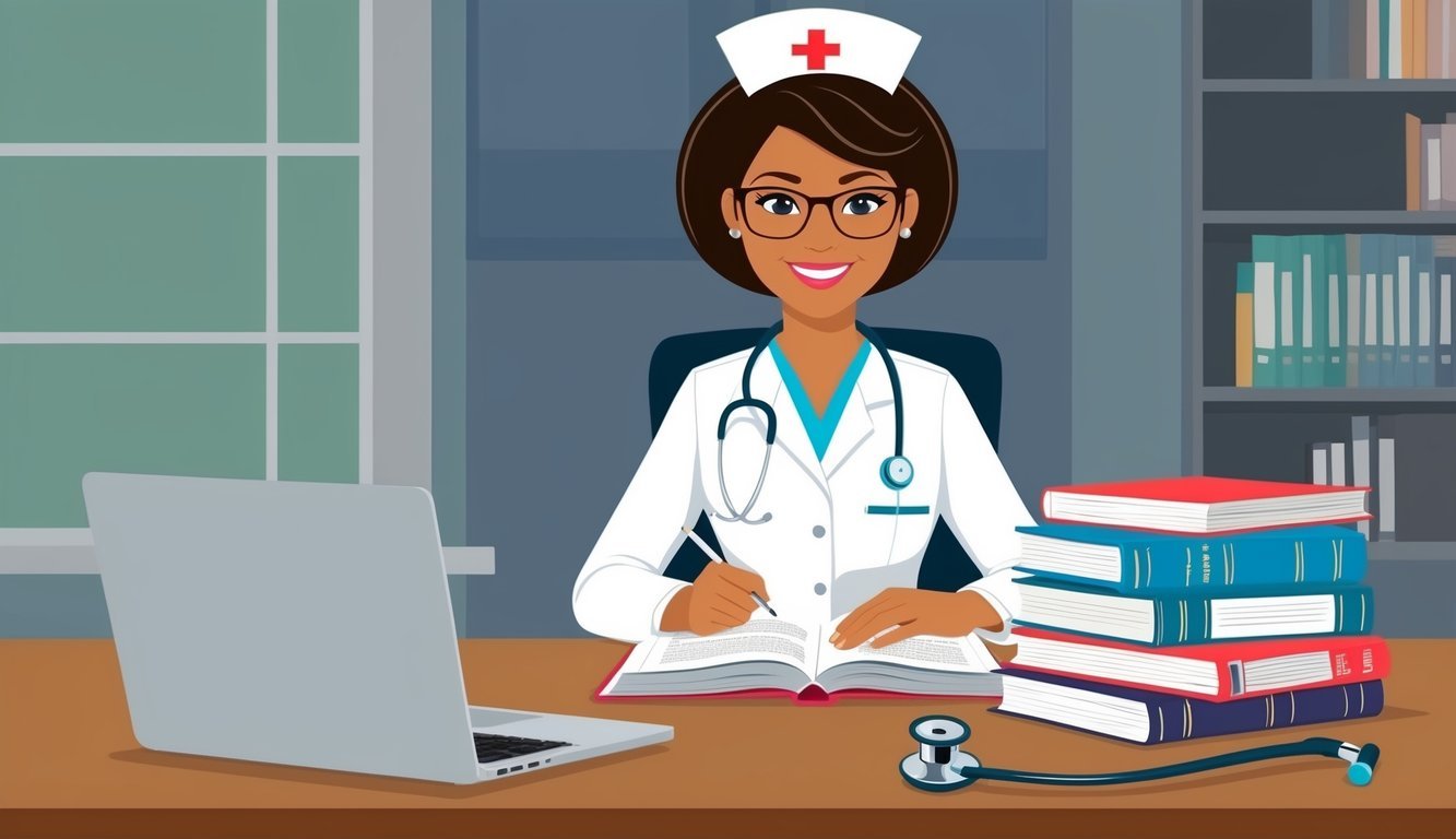 A clinical nurse specialist studying textbooks and medical journals at a desk with a laptop and stethoscope nearby