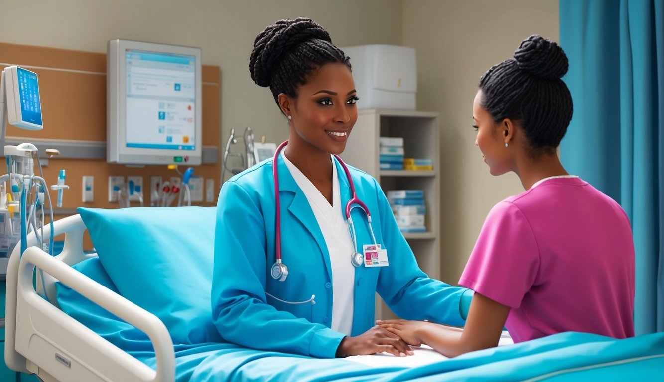 A clinical nurse specialist consulting with a patient in a hospital room