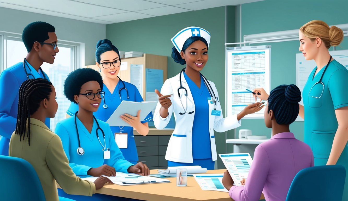 A clinical nurse specialist conferring with medical staff, reviewing patient charts, and conducting research in a hospital setting