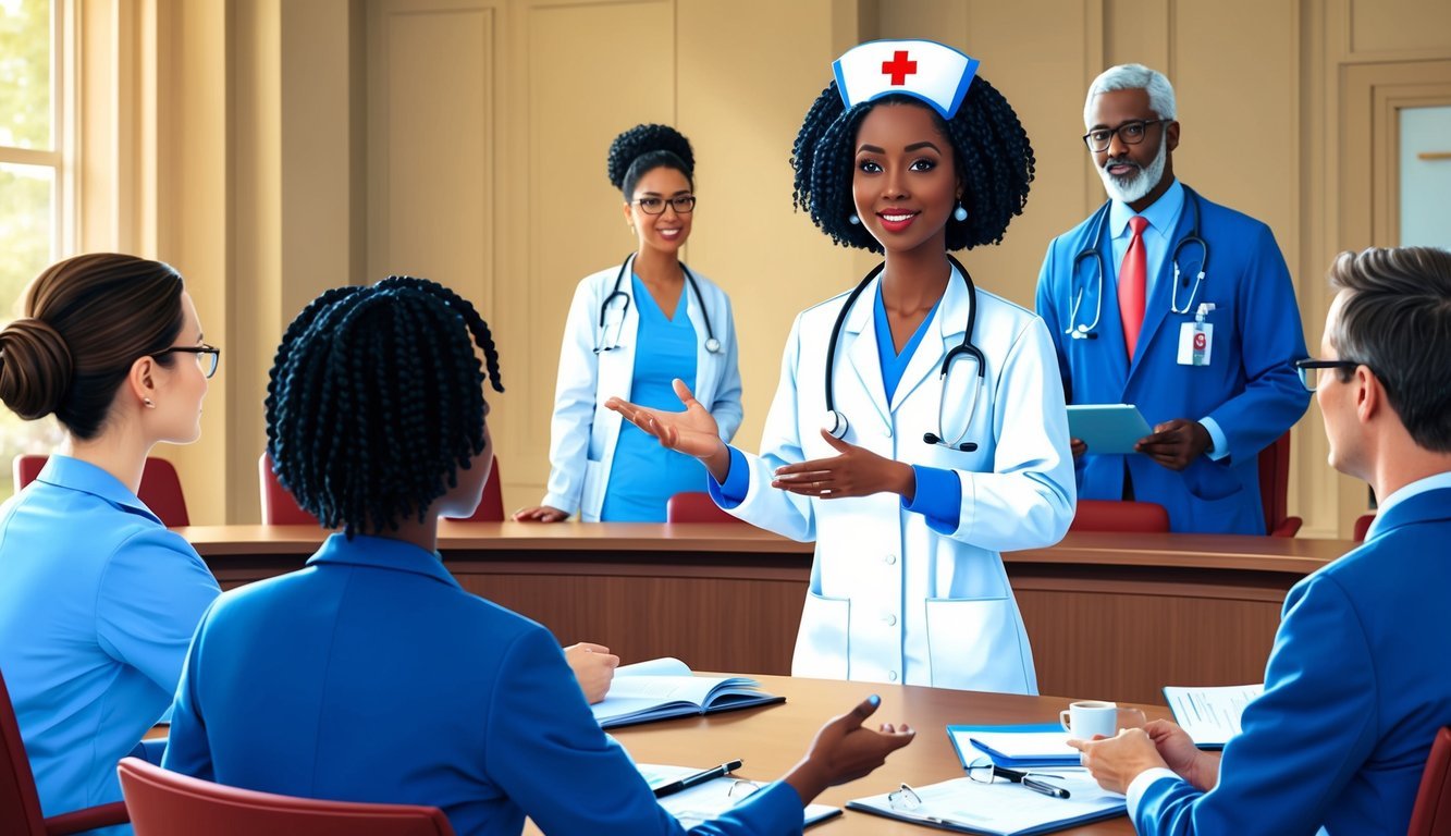 A clinical nurse specialist leading a policy discussion with healthcare professionals in a boardroom setting