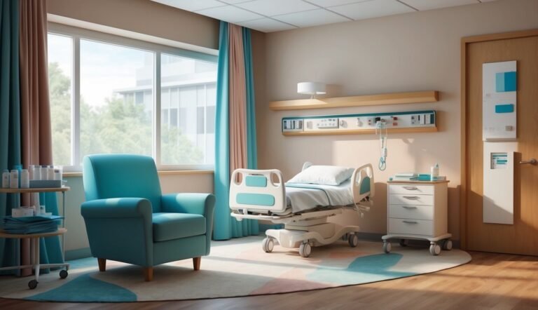 Hospital room with a bed, armchair, and medical equipment