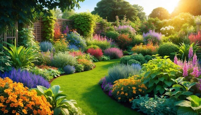 Lush, colorful garden with a winding green path and vibrant flowers