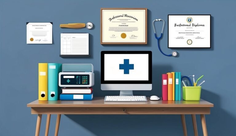 Desk with medical equipment, diplomas, and a computer screen