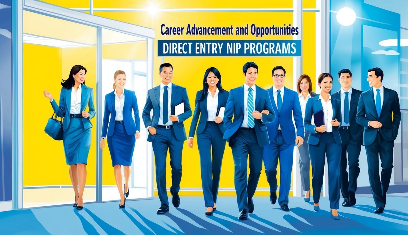 A group of professionals in business attire entering a brightly lit office building with a sign reading "Career Advancement and Opportunities Direct Entry NP Programs."
