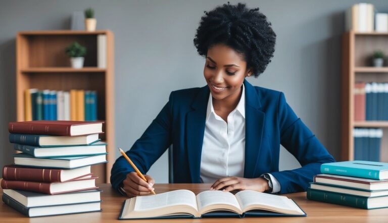 Smiling woman in a blue blazer writes in a book, surrounded by stacks of books