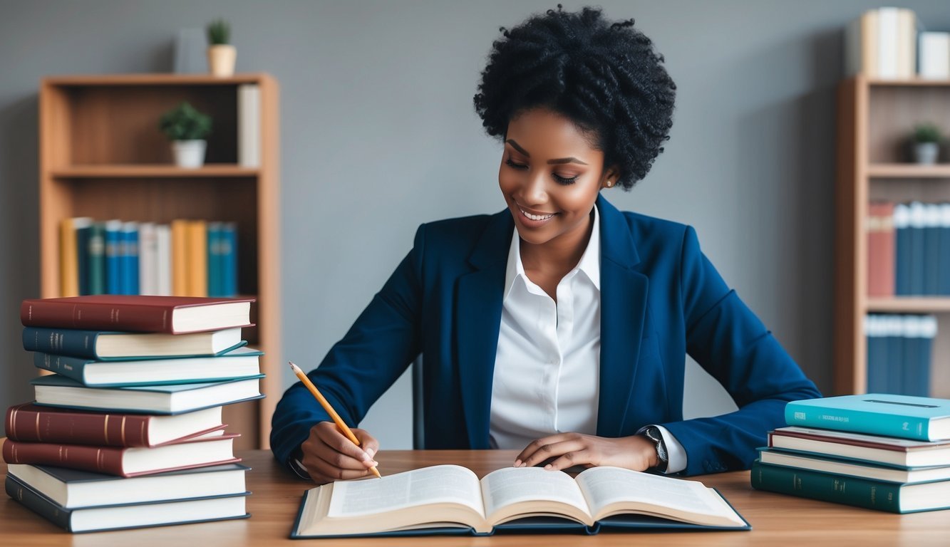 Smiling woman in a blue blazer writes in a book, surrounded by stacks of books