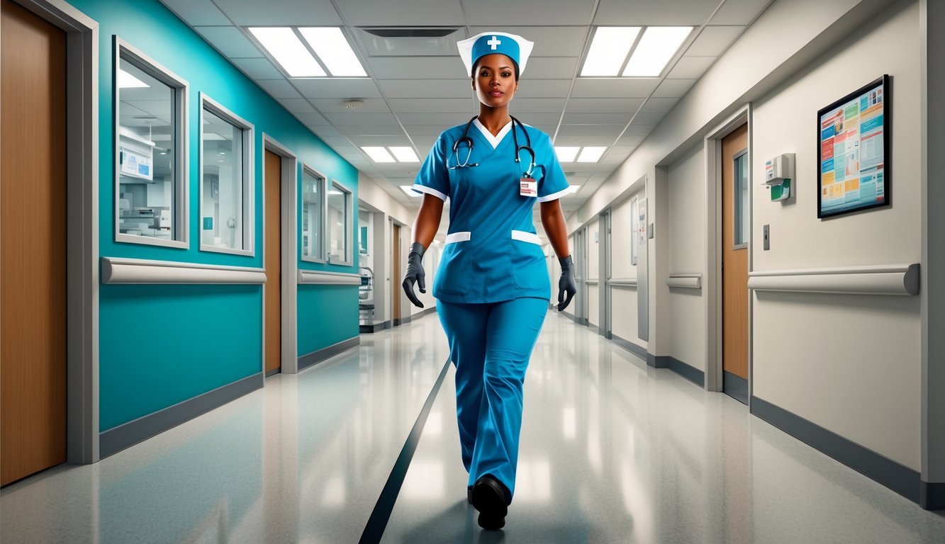 A nurse walking down a hospital hallway, passing by different departments and rooms, with a sense of purpose and determination in their stride