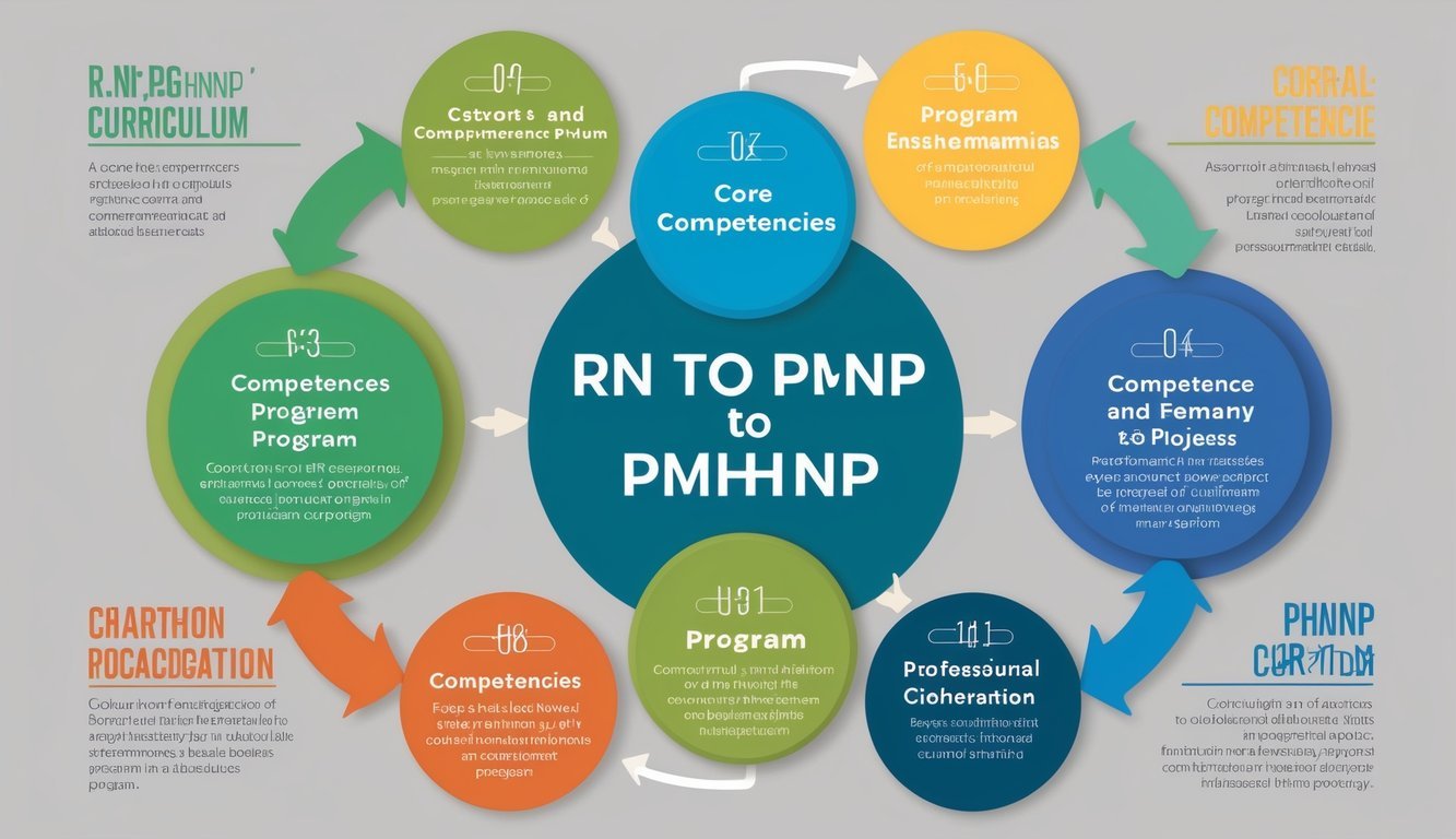 A colorful flowchart showing the progression of core competencies and curriculum for RN to PMHNP program