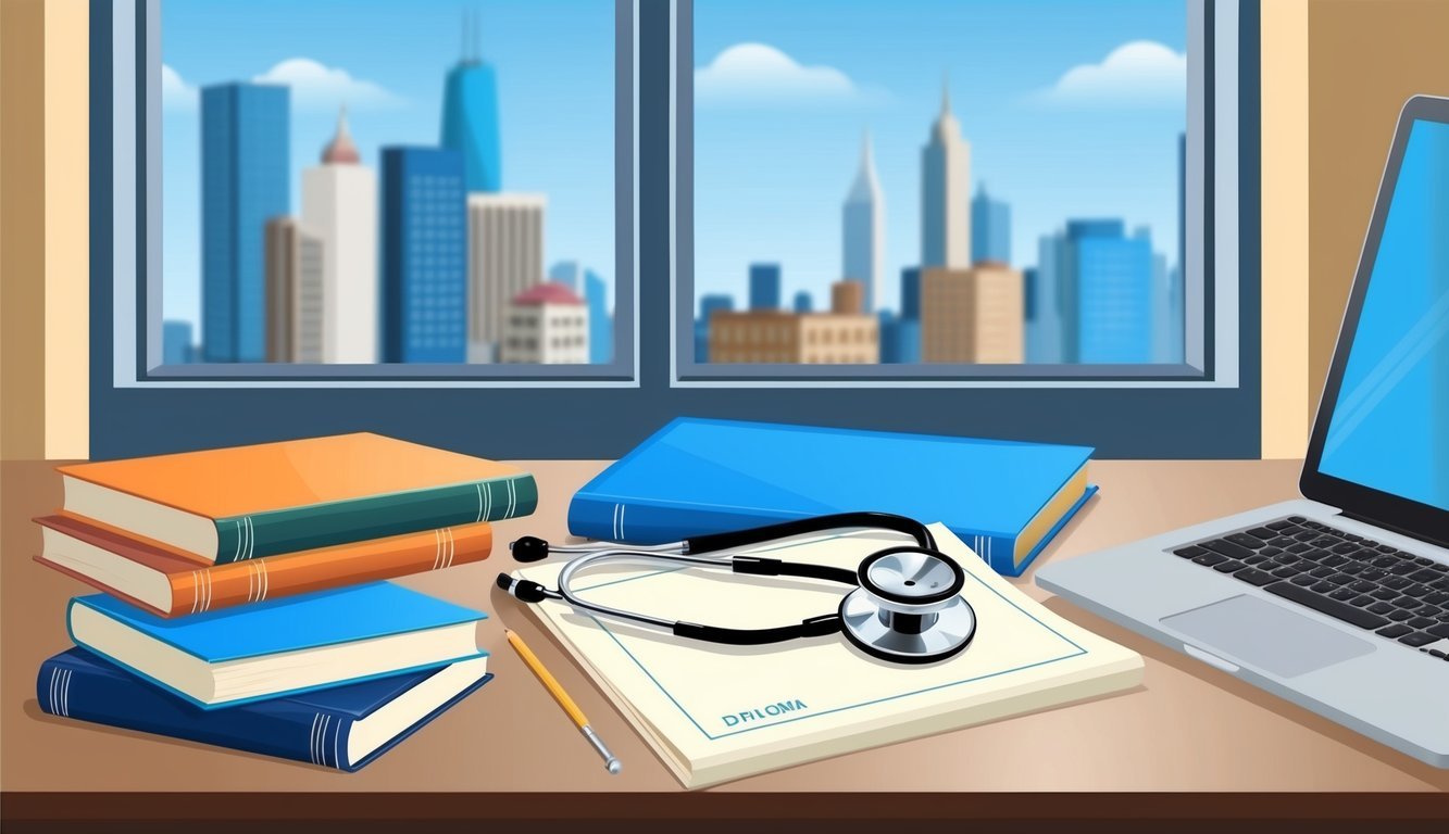 A stethoscope and a diploma sit on a desk, surrounded by medical textbooks and a laptop.</p><p>A window reveals a city skyline in the background