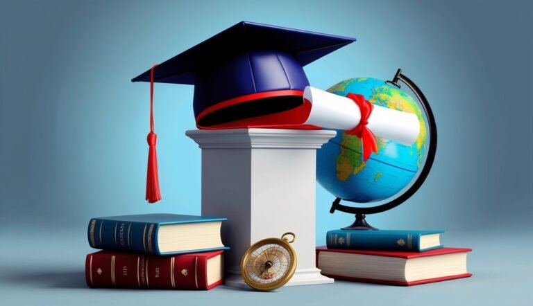 Graduation cap, diploma, globe, books, and compass on a pedestal