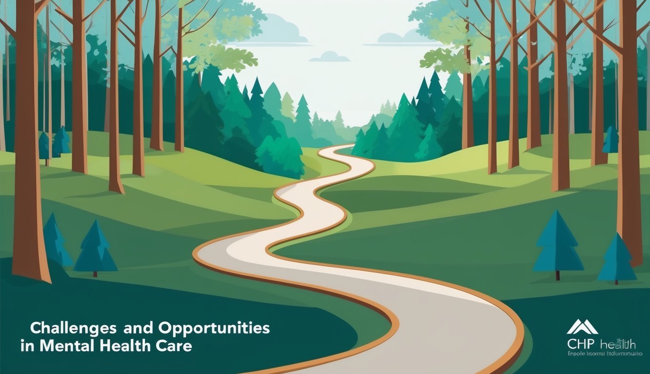 A serene landscape with a winding path leading through a forest, symbolizing the challenges and opportunities in mental health care