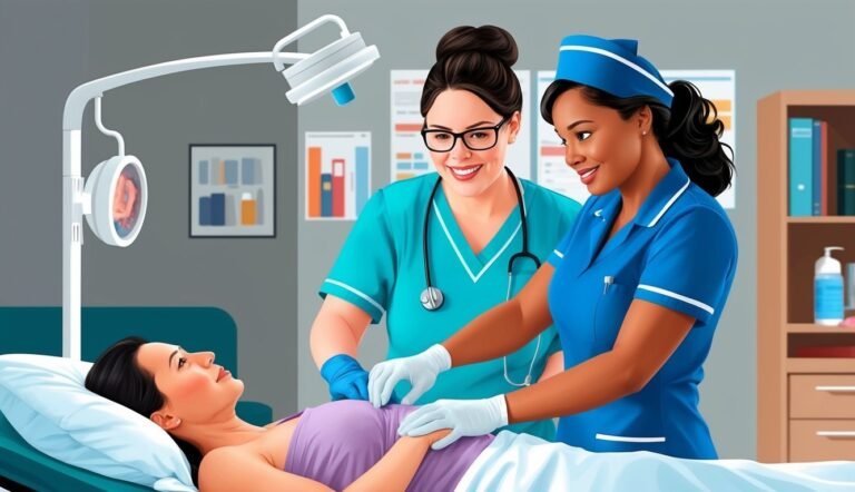 Two nurses examining a patient lying on a hospital bed