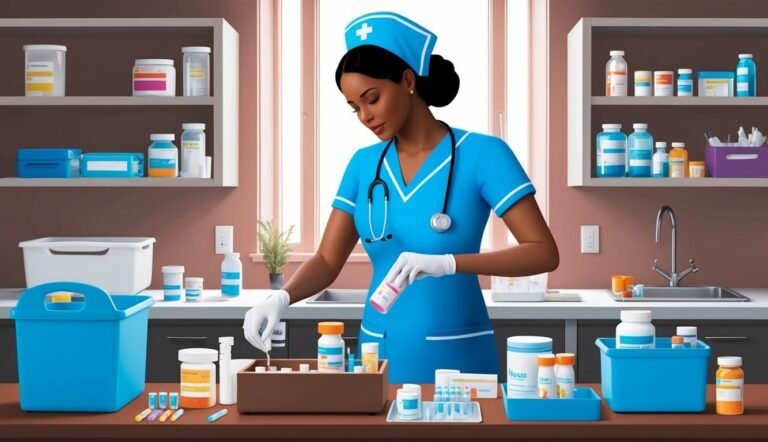 Nurse in blue uniform prepares medication in a well-stocked pharmacy