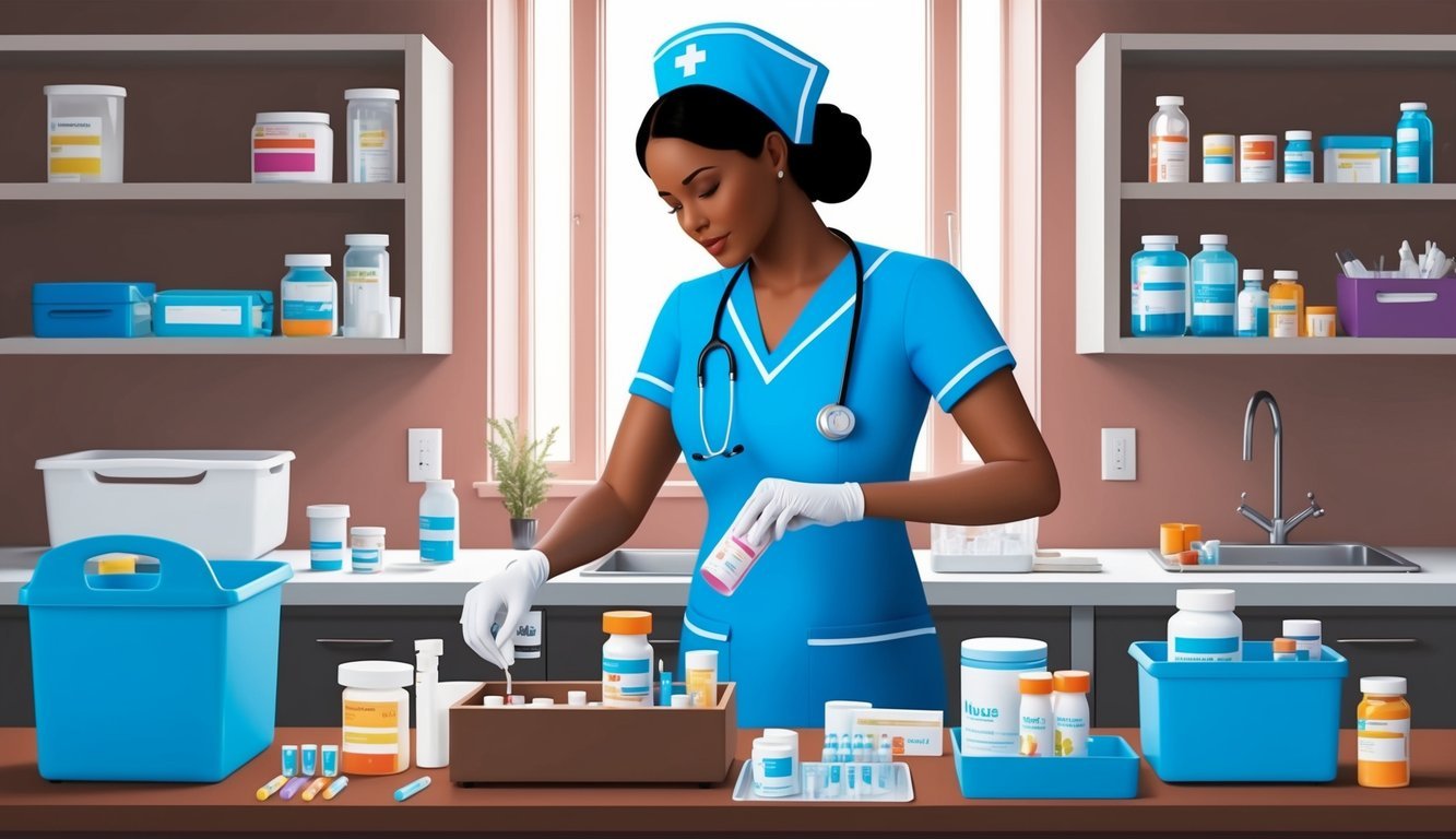 A nurse preparing medication at a well-organized workstation