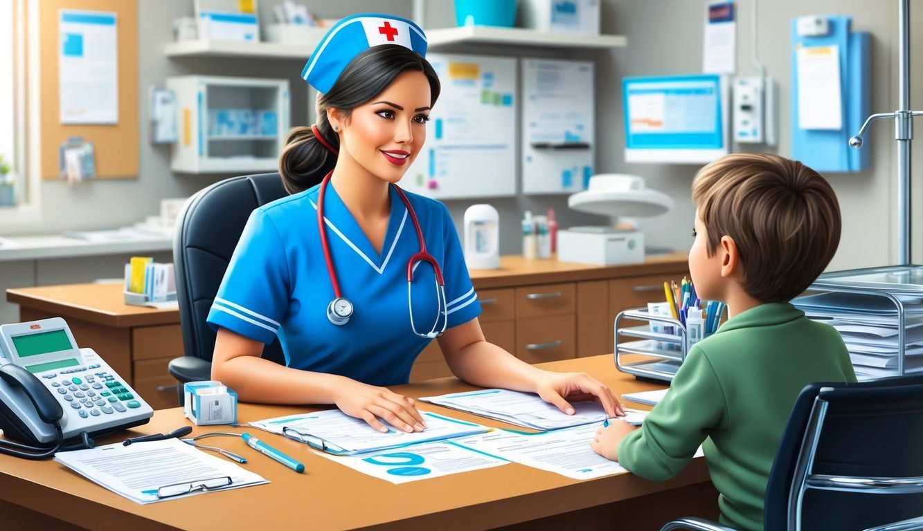 A nurse at a desk, surrounded by medical equipment and paperwork, speaking with a patient's family member