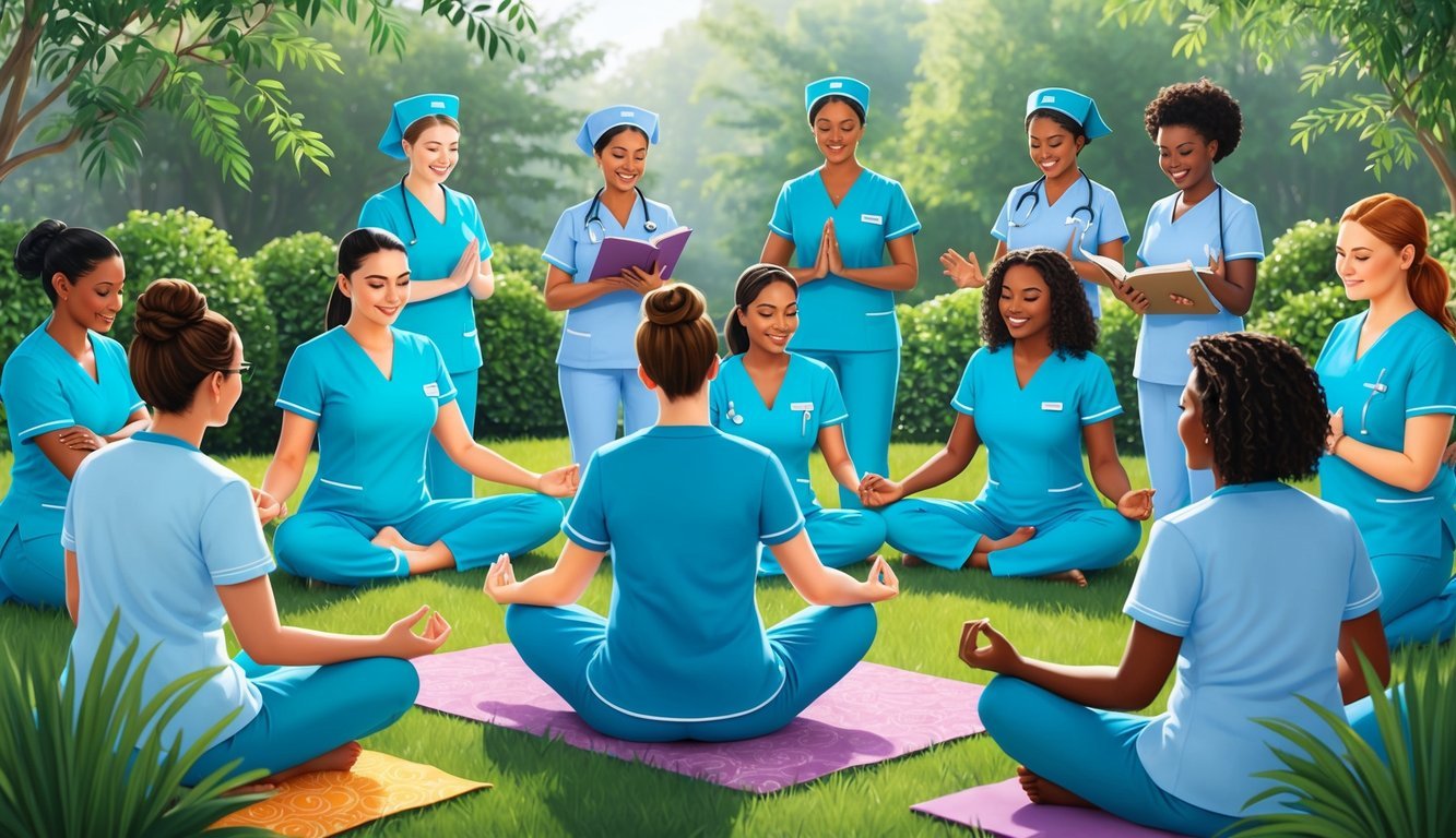 A group of nurses gather around a serene garden, engaging in self-care activities such as yoga, meditation, and journaling to support their well-being