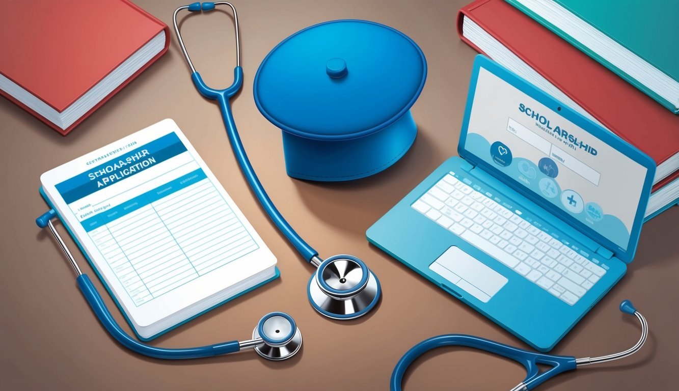 A stethoscope and nursing cap on a desk, surrounded by medical textbooks and a laptop with a scholarship application open