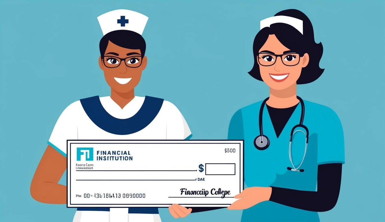 A nurse receiving a scholarship check from a financial institution