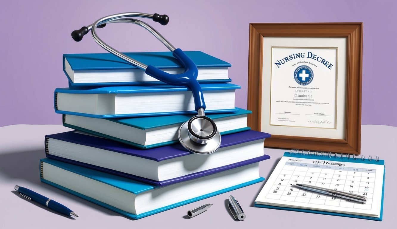 A stethoscope draped over a stack of nursing textbooks, surrounded by a calendar, pen, and a framed nursing degree