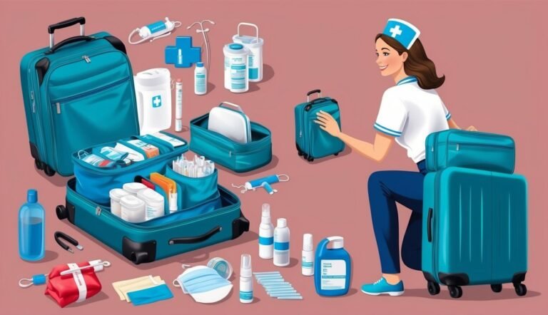 Nurse with luggage and medical supplies, ready for travel