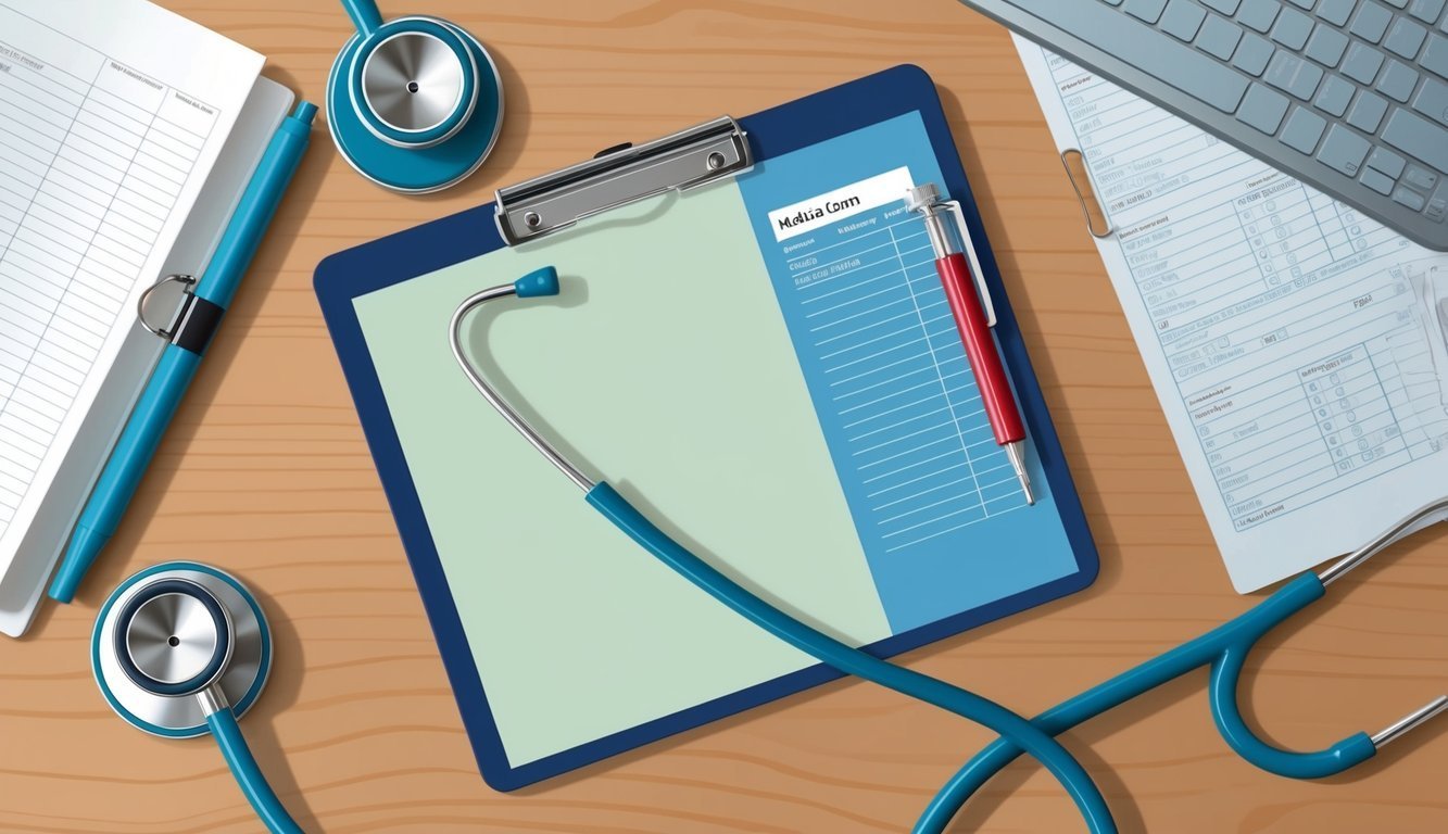 Medical clipboard, stethoscope, and paperwork on a wooden desk