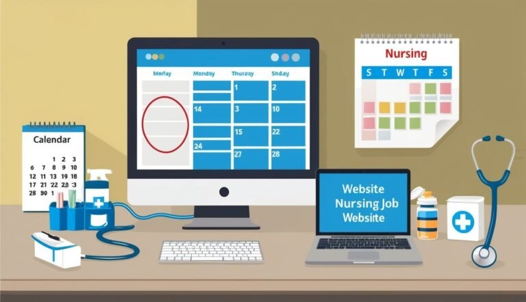 Desk with calendars, computer, laptop, medical supplies, and stethoscope
