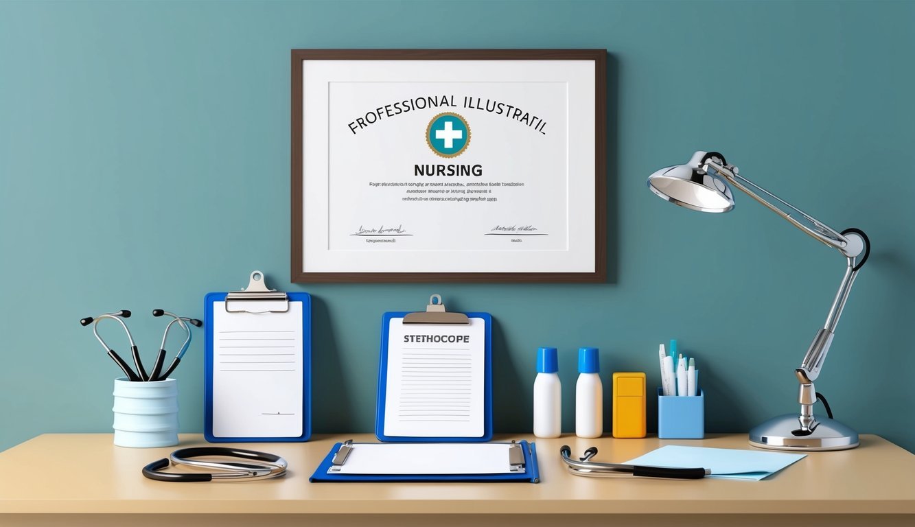 A stethoscope, clipboard, and medical supplies arranged neatly on a desk.</p><p>A framed nursing diploma hangs on the wall above