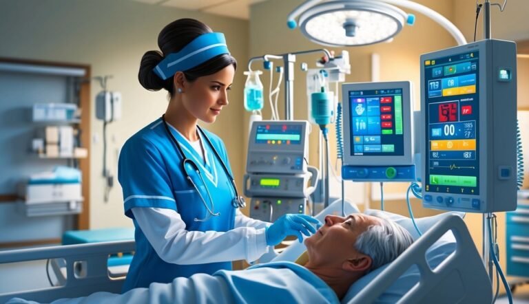 Nurse tending to a patient in a hospital room with monitoring equipment