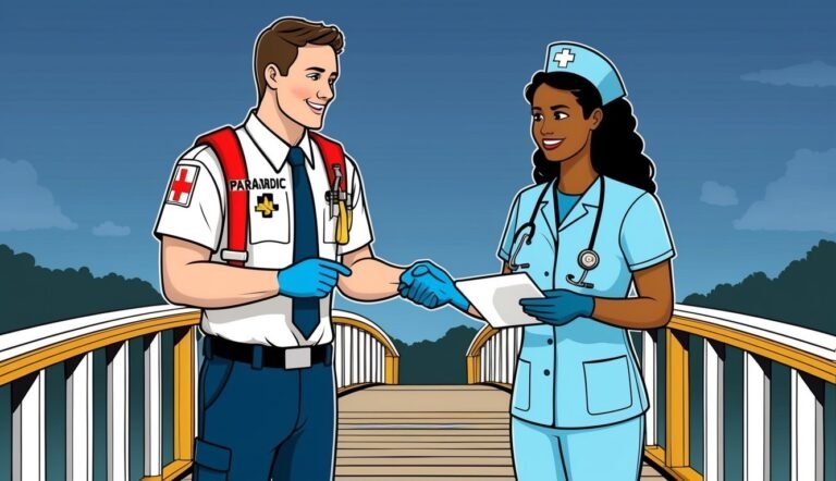 Paramedic and nurse shaking hands on a bridge, smiling