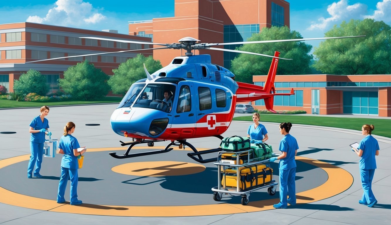 Medical helicopter on a helipad with medical staff and equipment