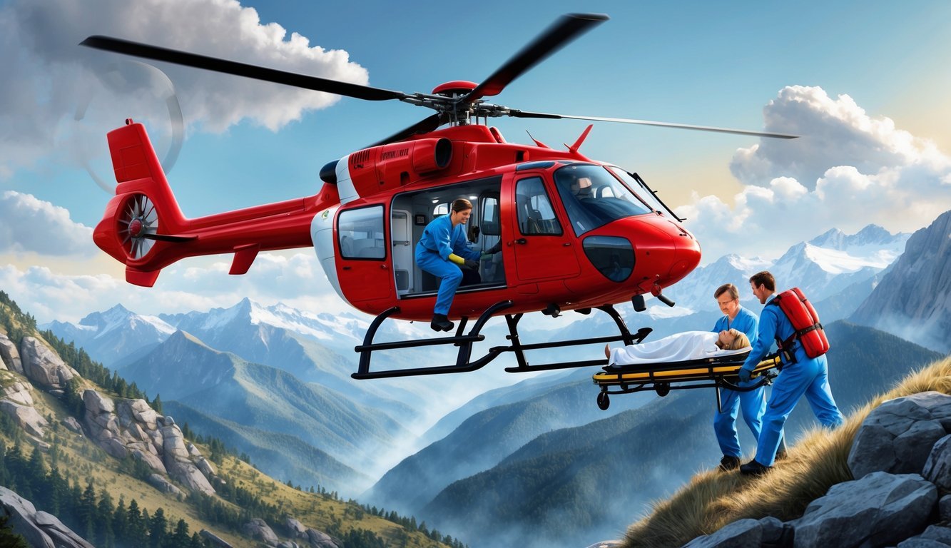 A helicopter flying over a mountainous terrain, with a medical team loading a patient onto a stretcher