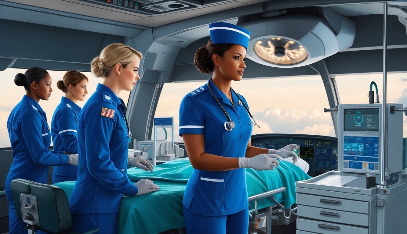 A flight nurse attending specialized training, practicing advanced medical skills, and learning to operate medical equipment