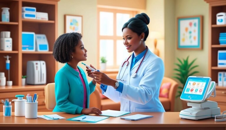 Doctor examining a young girl's throat with a thermometer in a clinic