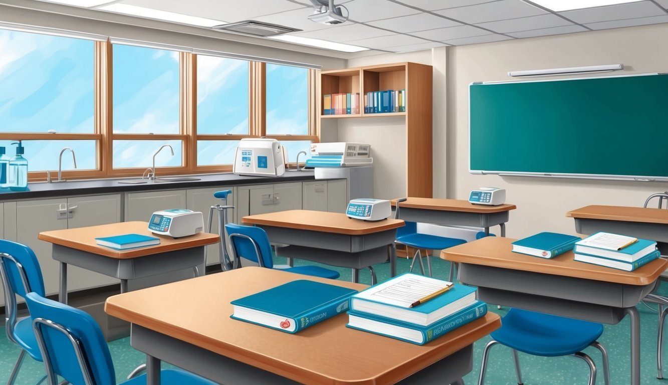 Empty classroom with desks, books, and lab equipment near a chalkboard